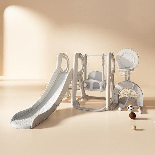 5-in-1 Kids Slide and Swing Set with Adjustable Hoop, Soccer Goal, Golf Hole for Indoor, Outdoor (White) - Toytexx 5-in-1 Kids Slide and Swing Set with Adjustable Hoop, Soccer Goal, Golf Hole for Indoor, Outdoor (White) - Toytexx